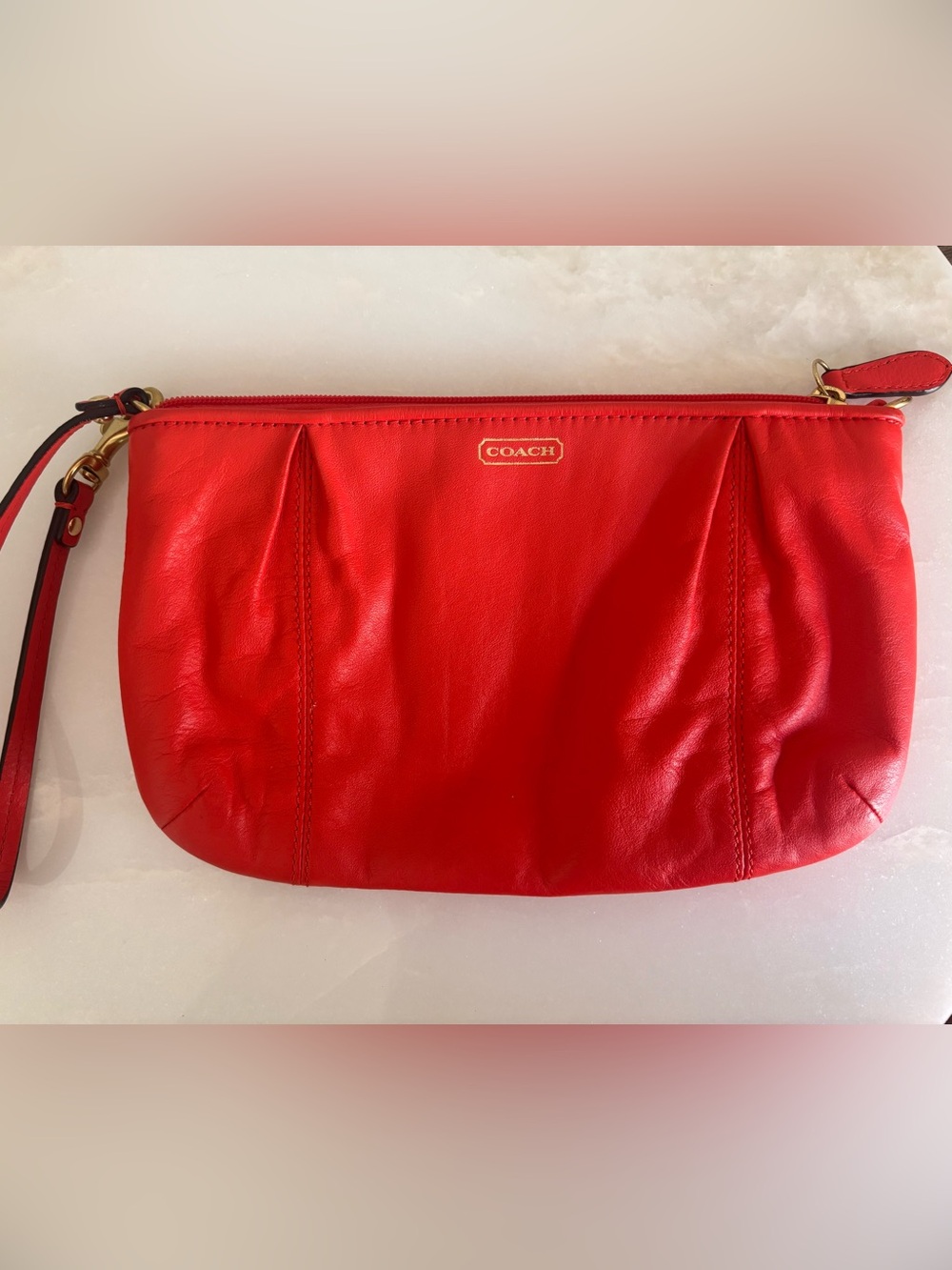 Coach Bright Redish Orange Leather Wristlet Clutch